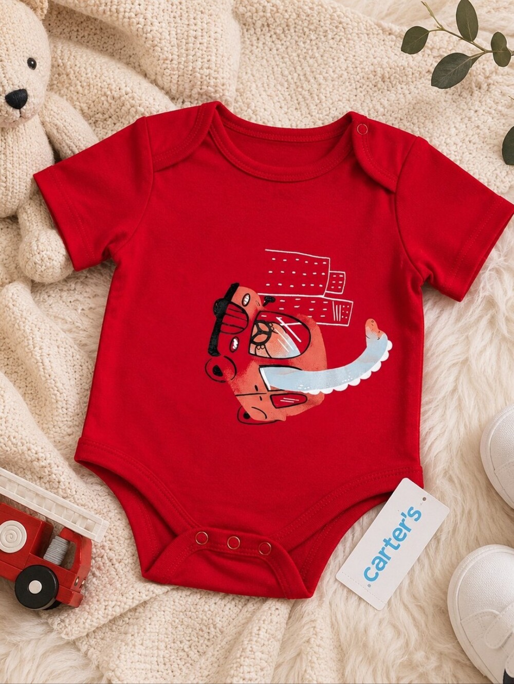NWT Carter’s Fire Truck Dinosaur Graphic Bodysuit 3M Red 100% Cotton
